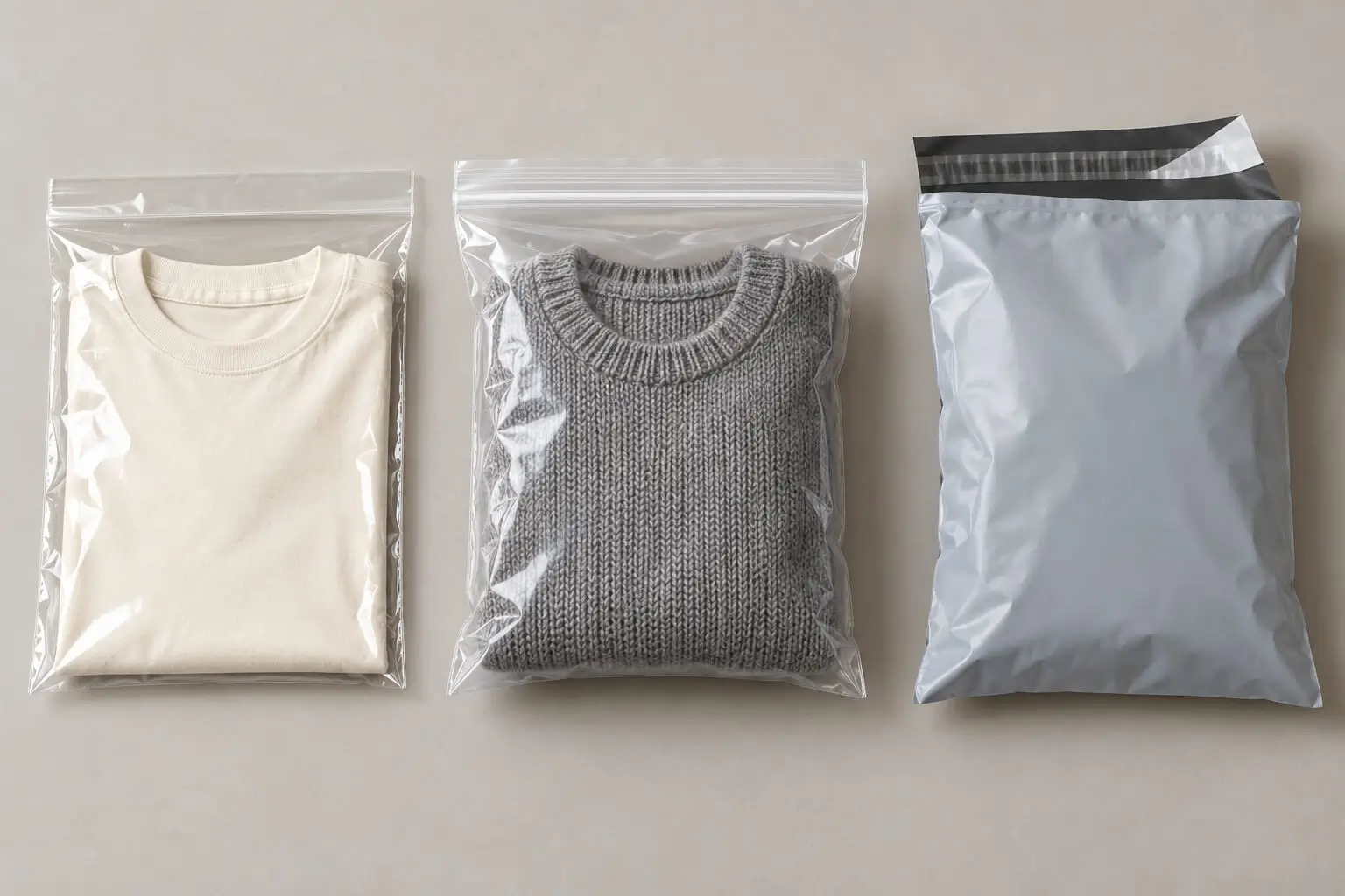 Три вида упаковки одежды: полипропиленовый пакет, Zip Lock и непрозрачный курьерский пакет
